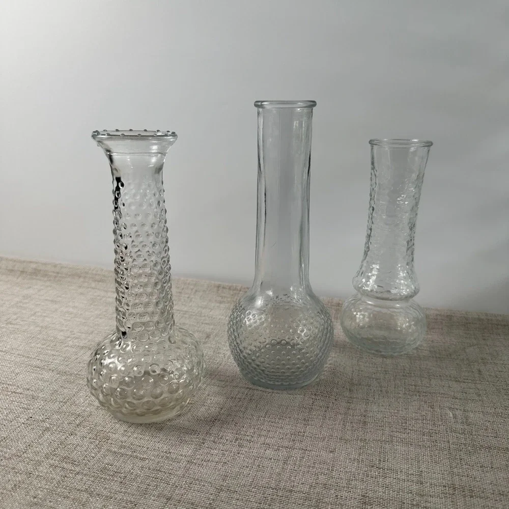 Vintage Clear Glass Bud Vases Set of 3 Hobnail Bubble Textured Pressed Glass USA